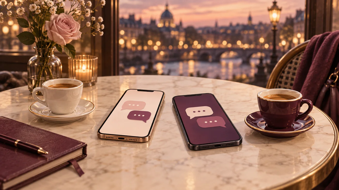 Two phones with chat bubbles and coffee cups by a city window at dusk
