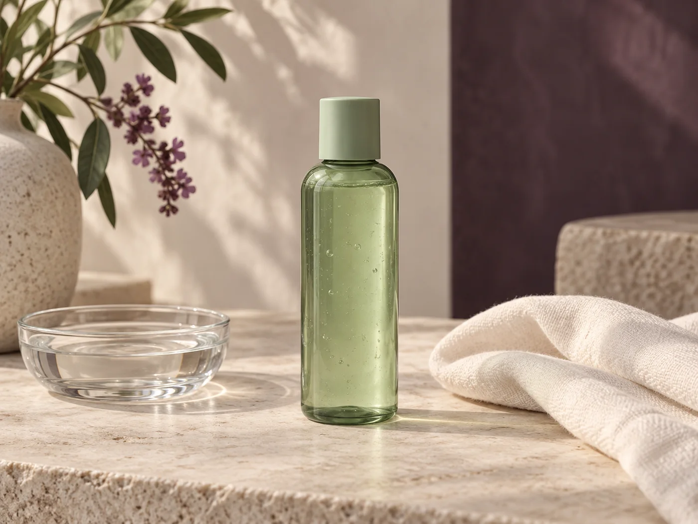 Green glass bottle and clear water, an editorial illustration