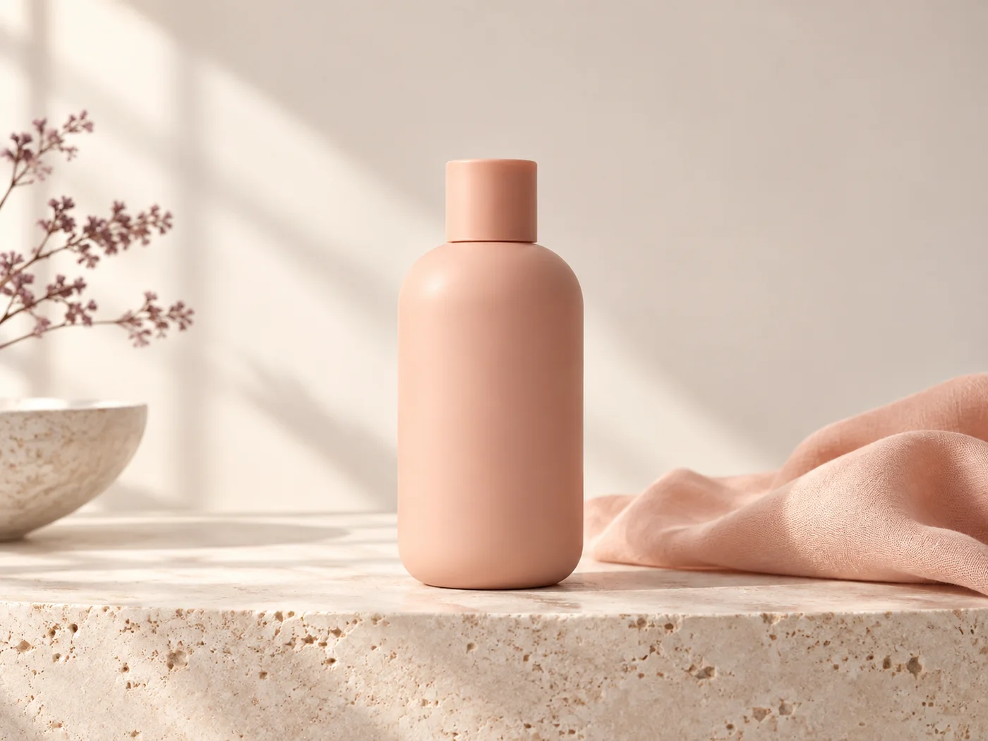 Peach bottle on a warm ivory surface, an editorial illustration