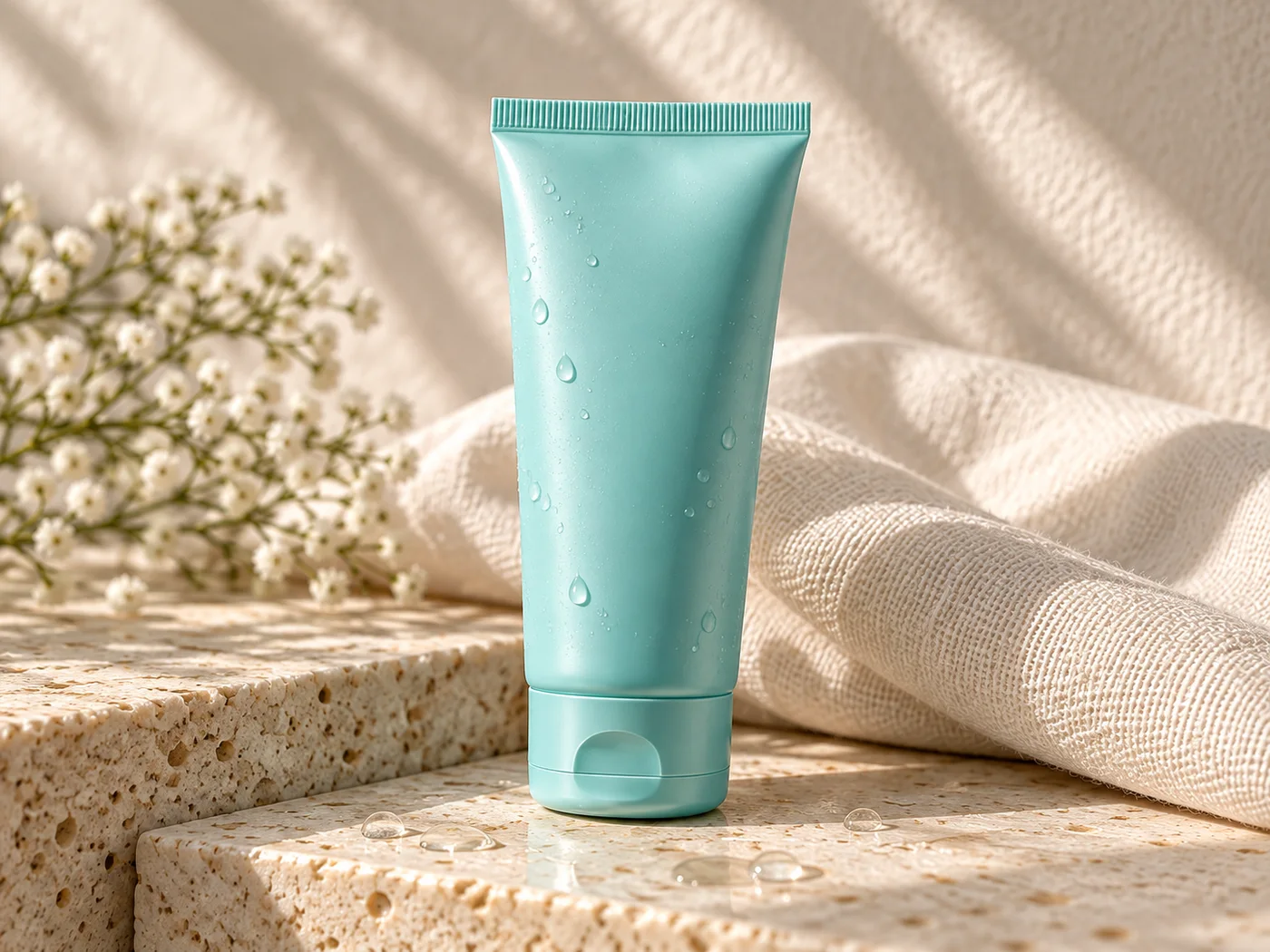 Turquoise tube on stone and linen, an editorial illustration