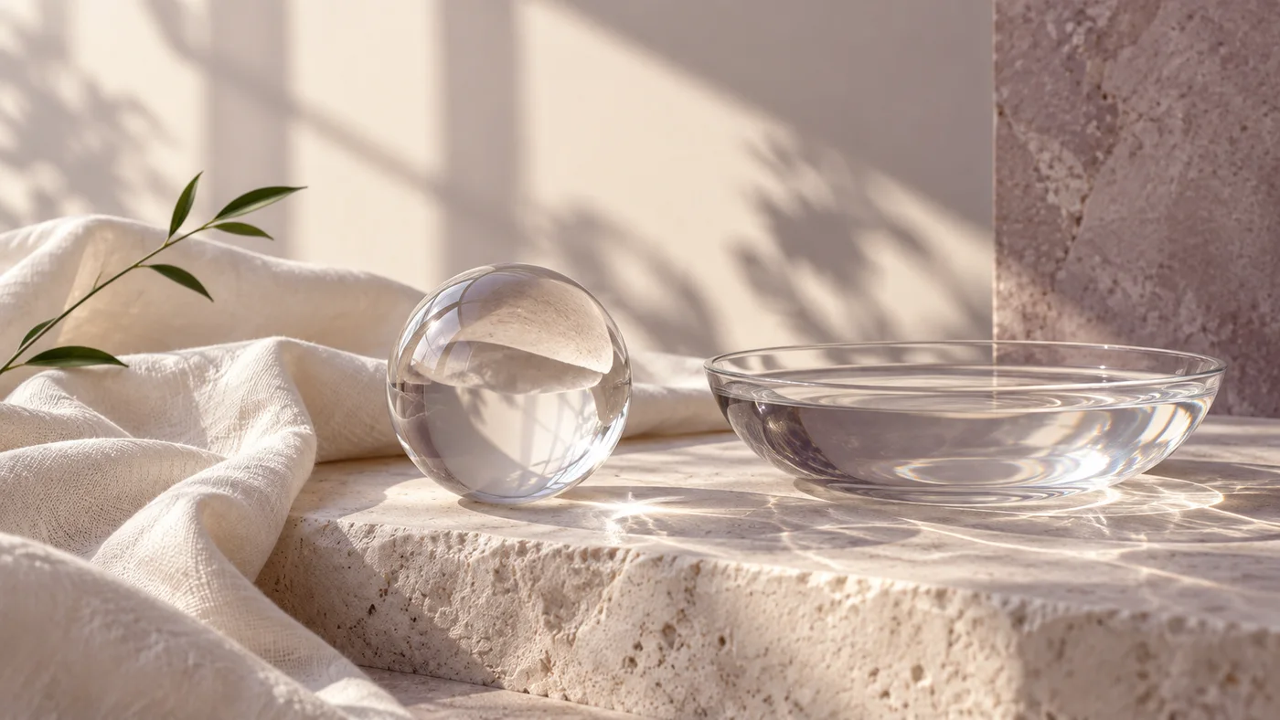 Clear glass, water droplets, and folded ivory linen